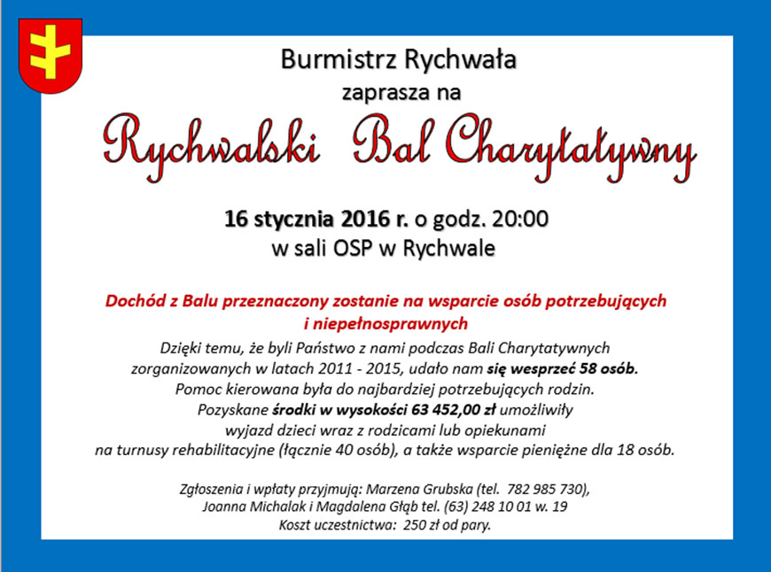 Plakat Bal Charytatywny_1: Zdjęcie przedstawia biały plakat z niebieską obwódką, na którym znajdują się litery i liczby.